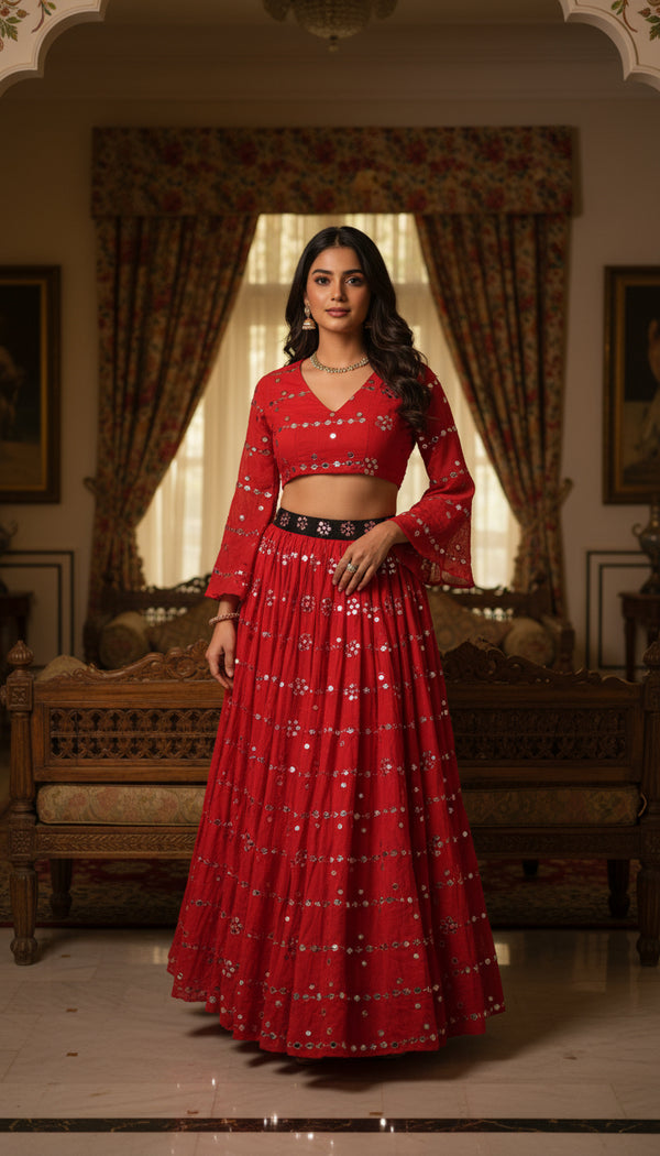 Red Mirrorwork Tie-Knot Top & Flared Skirt Set – “Nakhrewali