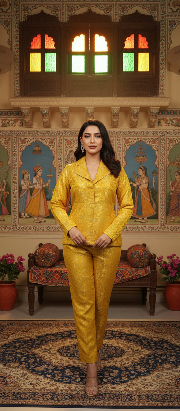 Elegant Yellow Brocade Blazer & Trouser Co-ord Set
