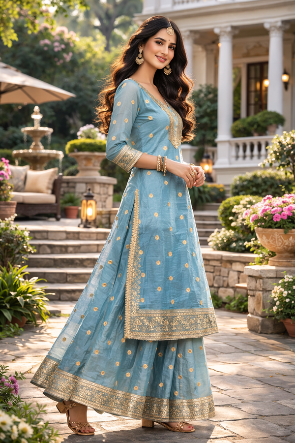 Sky Blue Zari Dot Kurta Palazzo Set with Dupatta