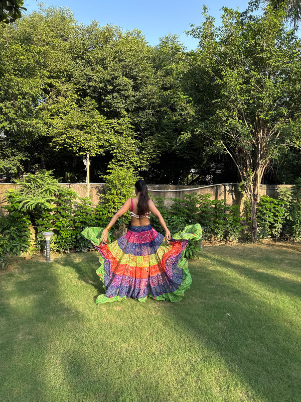 Multi-Color Bandhini Layered Skirt with Tassel