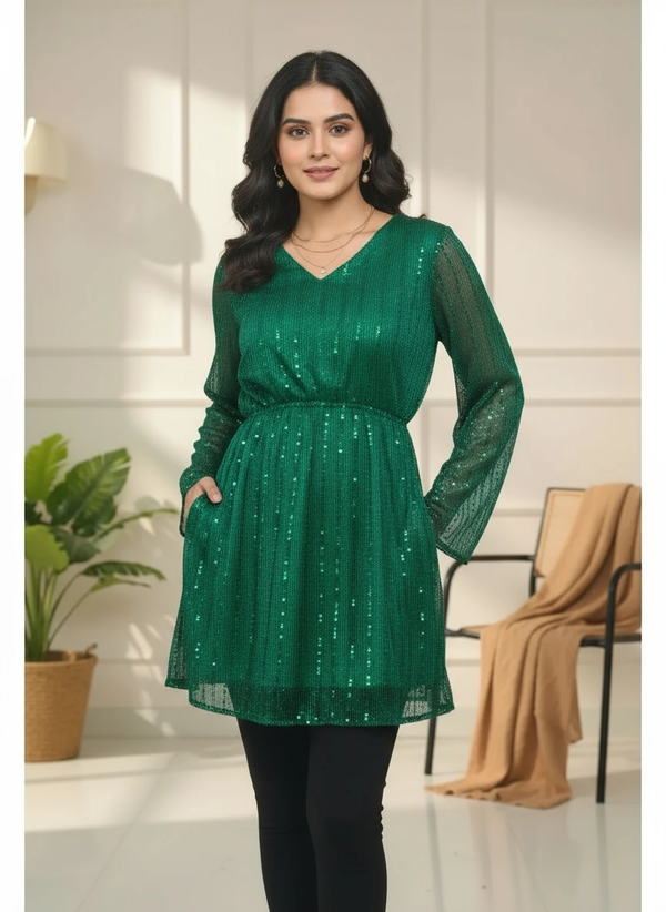 Shimmering Emerald Green Tunic with Flared Sleeves