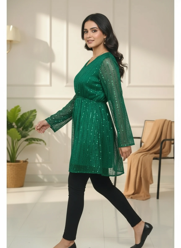 Shimmering Emerald Green Tunic with Flared Sleeves