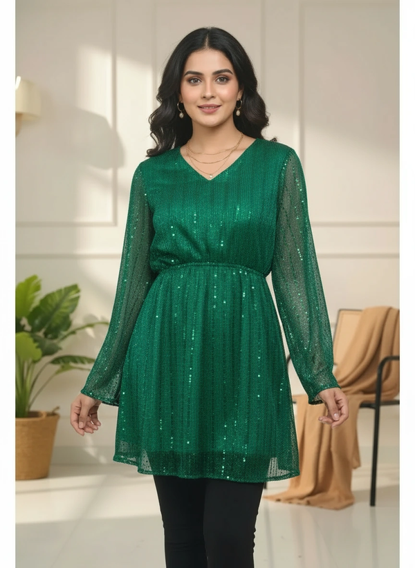 Shimmering Emerald Green Tunic with Flared Sleeves