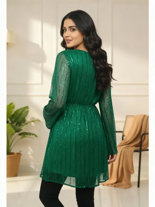 Shimmering Emerald Green Tunic with Flared Sleeves