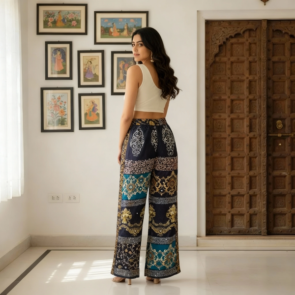 Black Dazzle Patchwork Boho Pants for Women – Comfortable, Stylish & Trendy Wide-Leg Fit