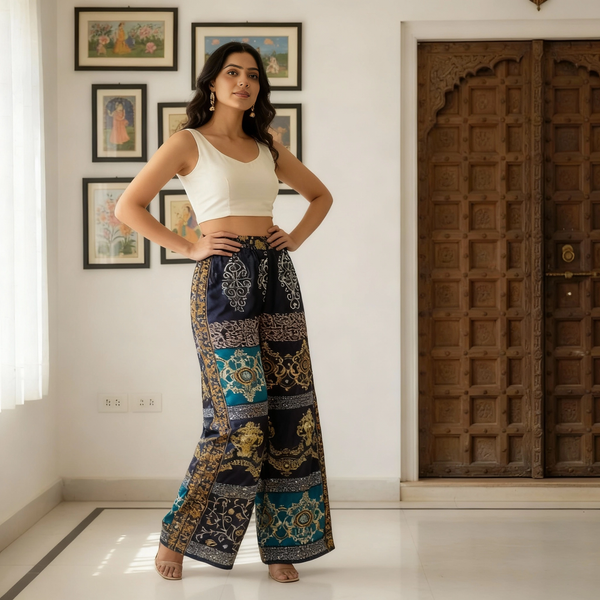 Black Dazzle Patchwork Boho Pants for Women – Comfortable, Stylish & Trendy Wide-Leg Fit