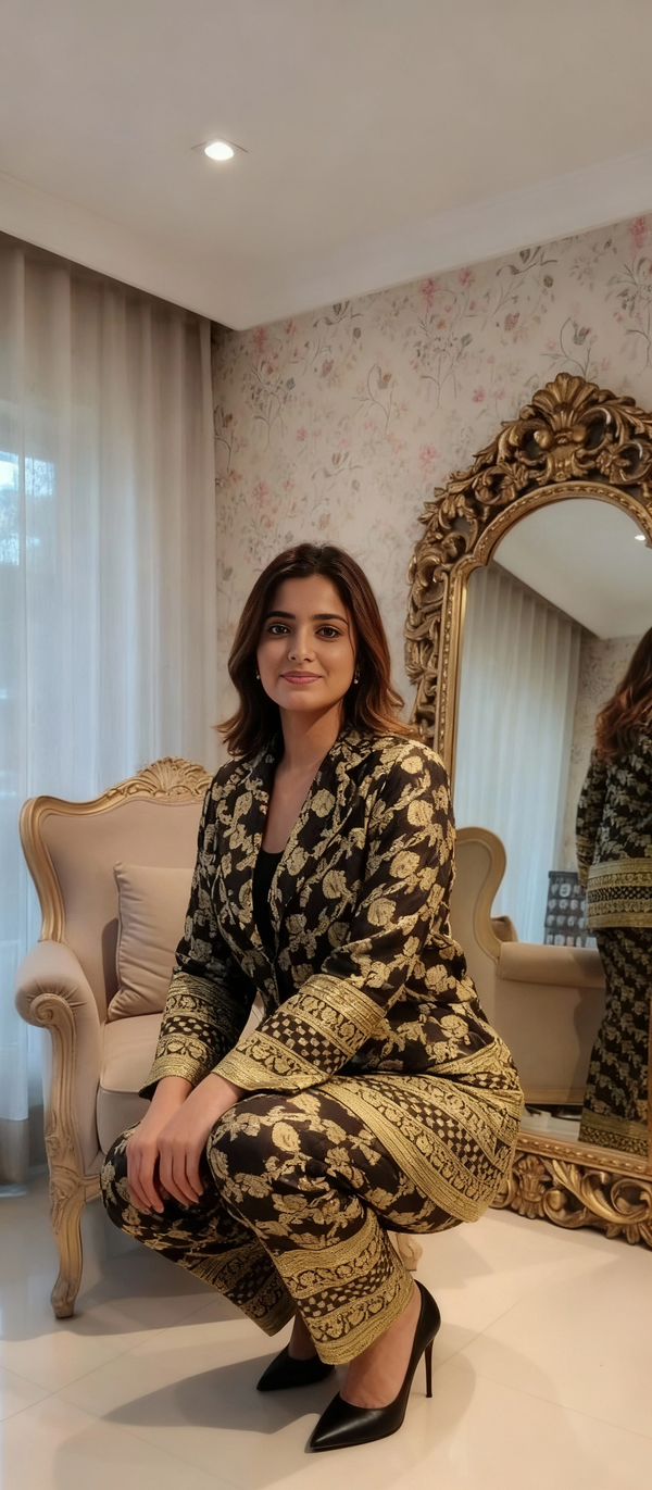 Black & Gold Brocade Blazer Co-ord Set – Festive & Party Wear Ensemble