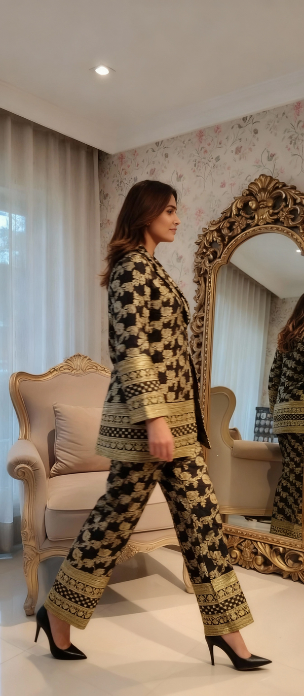 Black & Gold Brocade Blazer Co-ord Set – Festive & Party Wear Ensemble
