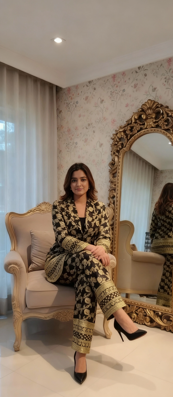 Black & Gold Brocade Blazer Co-ord Set – Festive & Party Wear Ensemble