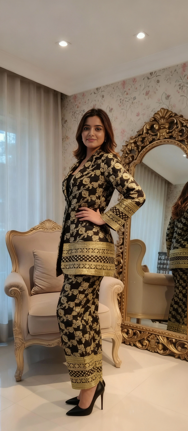 Black & Gold Brocade Blazer Co-ord Set – Festive & Party Wear Ensemble