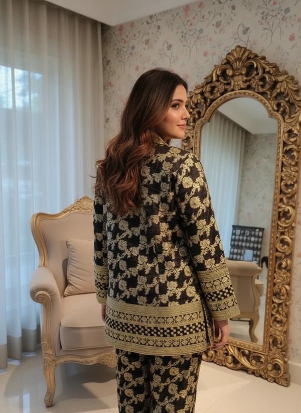 Black & Gold Brocade Blazer Co-ord Set – Festive & Party Wear Ensemble