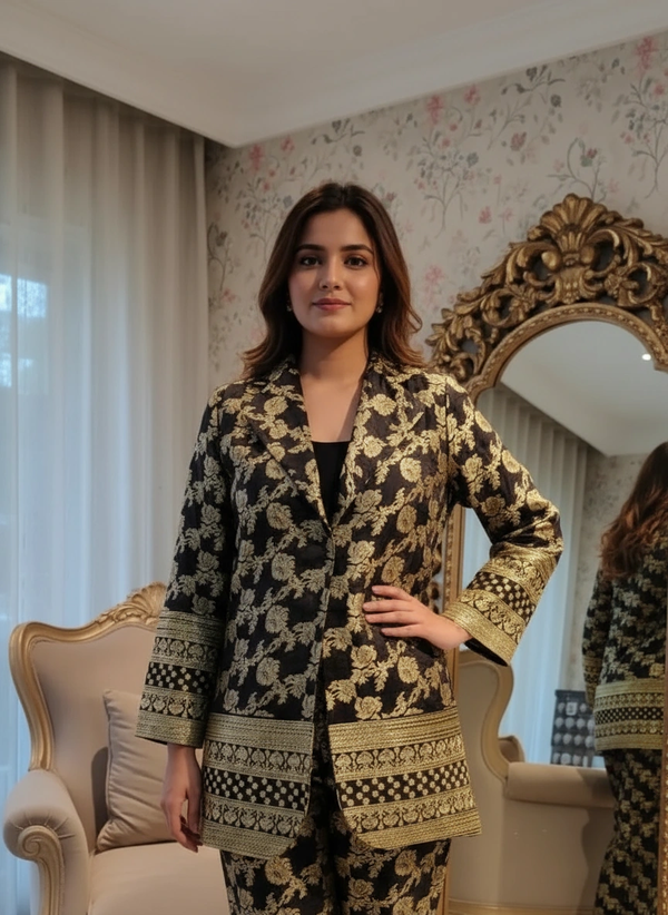 Black & Gold Brocade Blazer Co-ord Set – Festive & Party Wear Ensemble