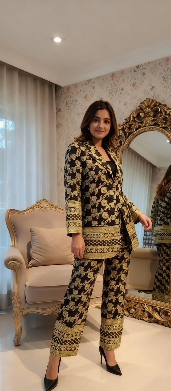 Black & Gold Brocade Blazer Co-ord Set – Festive & Party Wear Ensemble