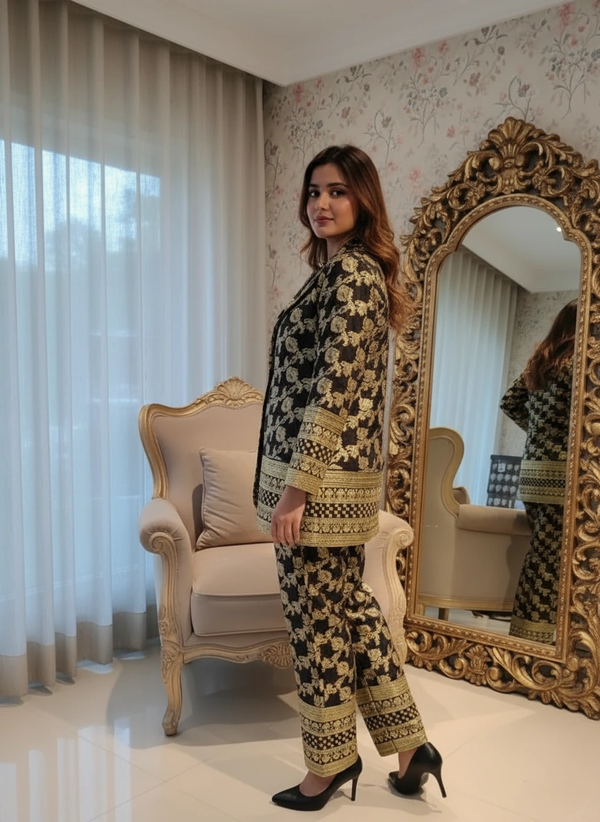 Black & Gold Brocade Blazer Co-ord Set – Festive & Party Wear Ensemble
