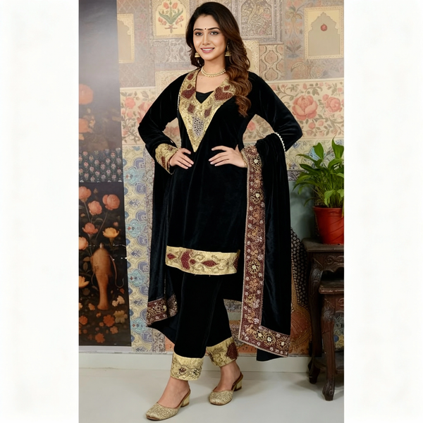 Luxury Black Velvet Kurta Set with Embroidered Dupatta – Festive & Wedding Collection