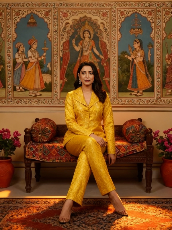 Elegant Yellow Brocade Blazer & Trouser Co-ord Set