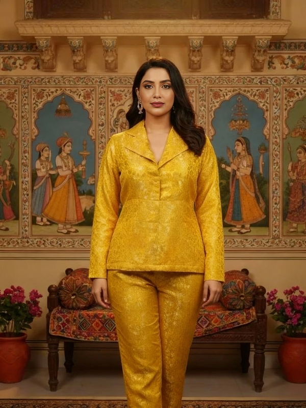 Elegant Yellow Brocade Blazer & Trouser Co-ord Set