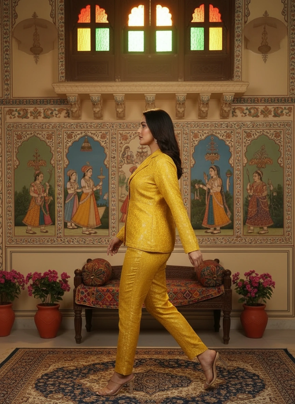 Elegant Yellow Brocade Blazer & Trouser Co-ord Set