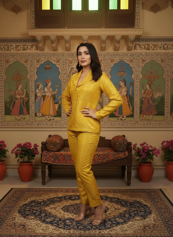 Elegant Yellow Brocade Blazer & Trouser Co-ord Set