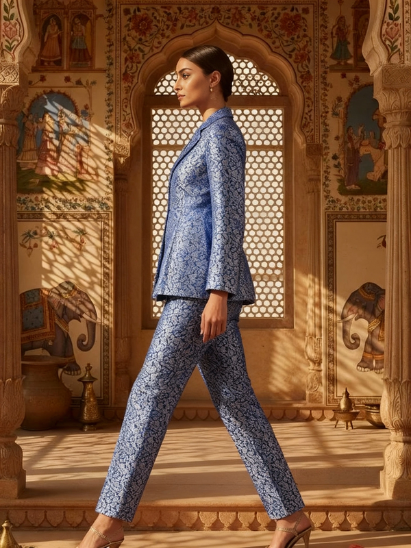 Royal Blue Brocade Blazer & Trouser Co-ord Set