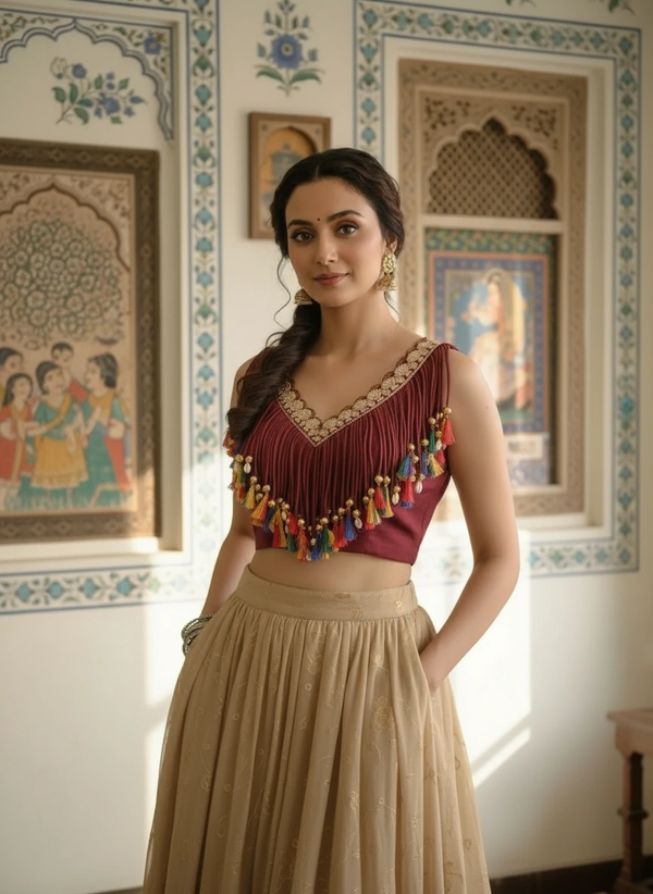 Handcrafted Maroon Blouse with Colorful Tassels & Coin Lace Detailing