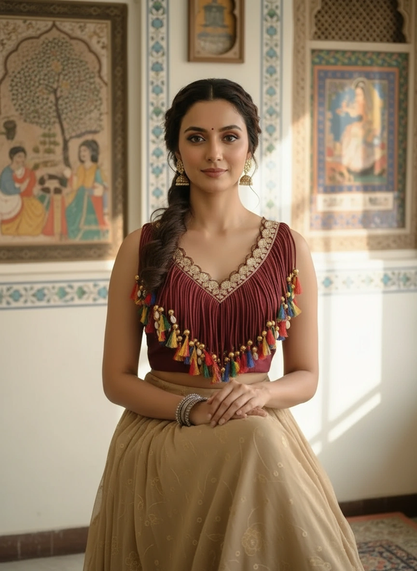 Handcrafted Maroon Blouse with Colorful Tassels & Coin Lace Detailing