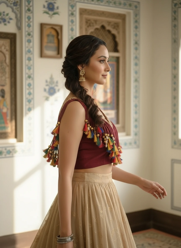 Handcrafted Maroon Blouse with Colorful Tassels & Coin Lace Detailing