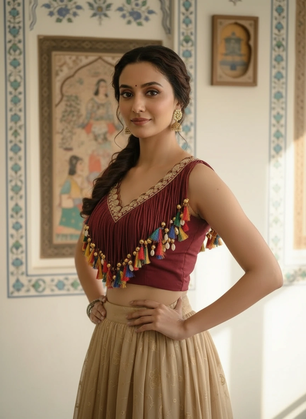 Handcrafted Maroon Blouse with Colorful Tassels & Coin Lace Detailing
