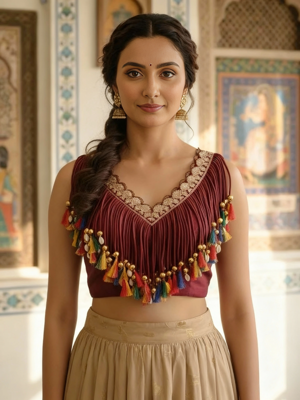 Handcrafted Maroon Blouse with Colorful Tassels & Coin Lace Detailing