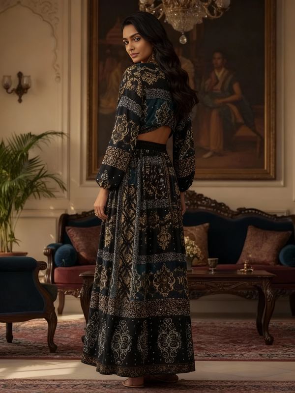 Handcrafted Mirrorwork Tie-Knot Top with Flared Skirt