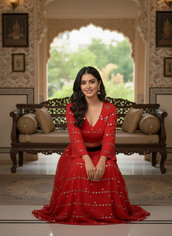 Red Mirrorwork Tie-Knot Top & Flared Skirt Set – “Nakhrewali