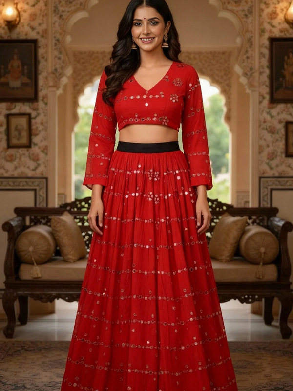 Red Mirrorwork Tie-Knot Top & Flared Skirt Set – “Nakhrewali