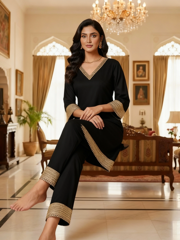Black Kurta Set with Golden Lace Detailing