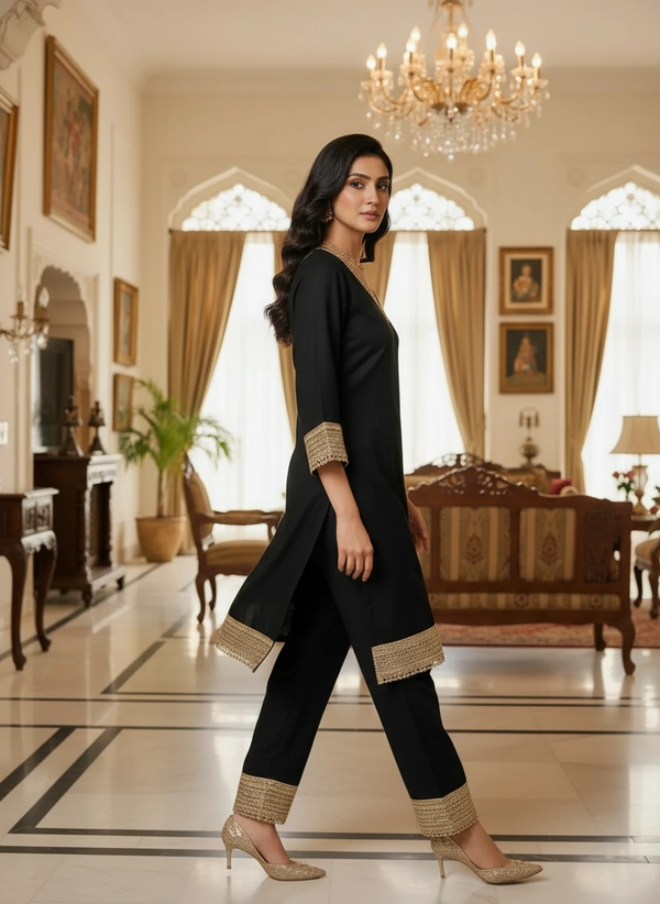 Black Kurta Set with Golden Lace Detailing