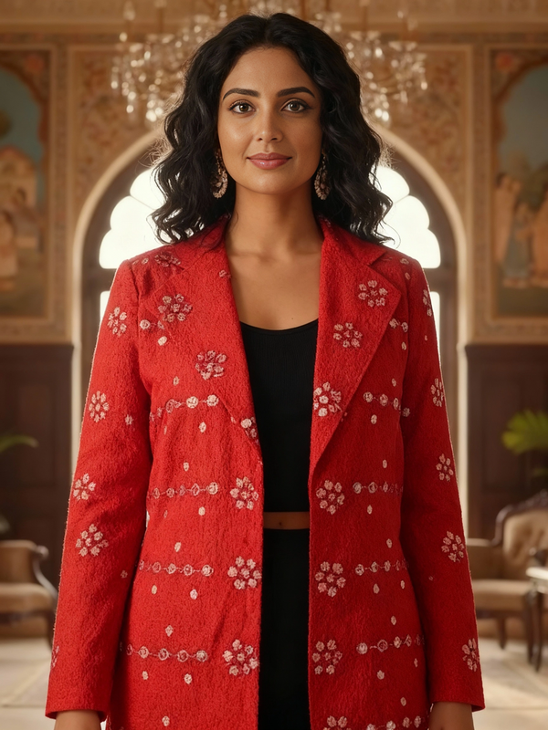 Hand-Embroidered Red Mirrorwork Blazer