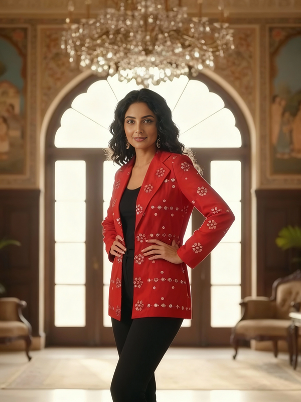 Hand-Embroidered Red Mirrorwork Blazer