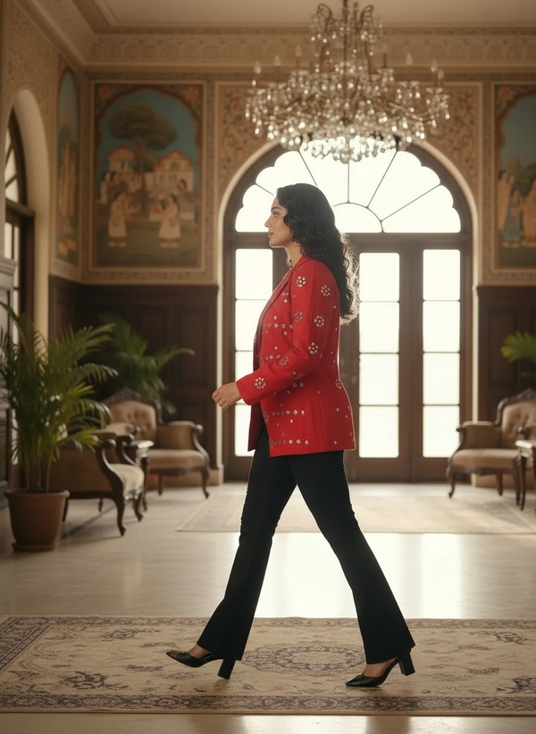 Hand-Embroidered Red Mirrorwork Blazer