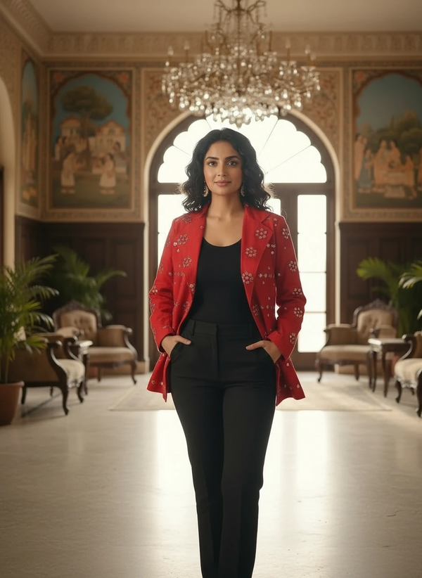 Hand-Embroidered Red Mirrorwork Blazer