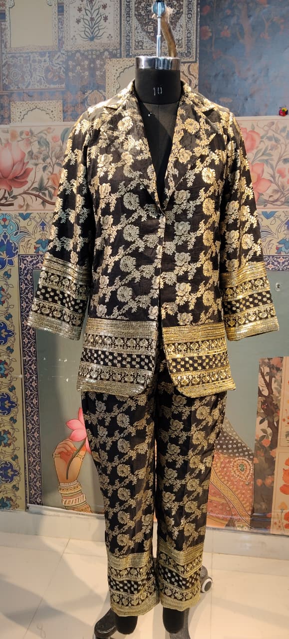 Black & Gold Brocade Blazer Co-ord Set – Festive & Party Wear Ensemble