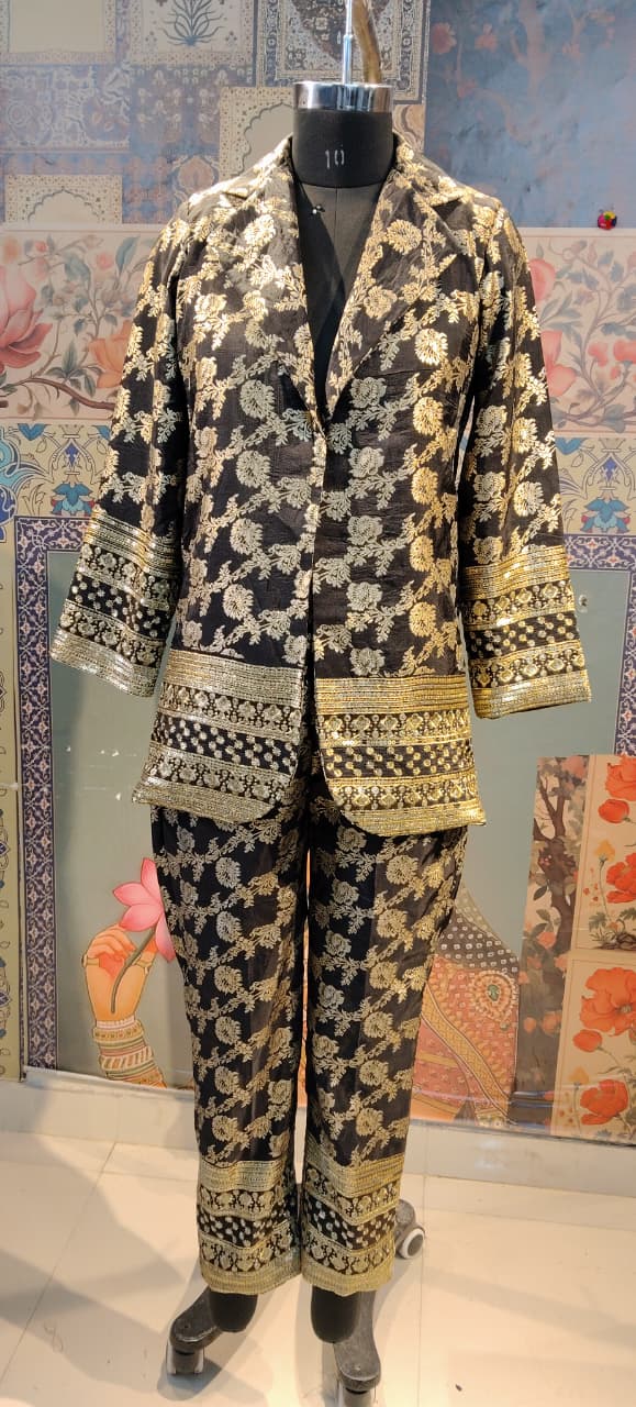 Black & Gold Brocade Blazer Co-ord Set – Festive & Party Wear Ensemble