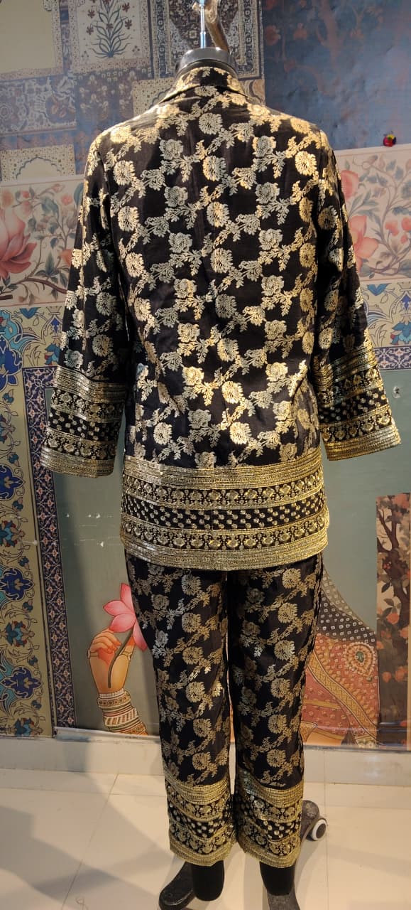 Black & Gold Brocade Blazer Co-ord Set – Festive & Party Wear Ensemble