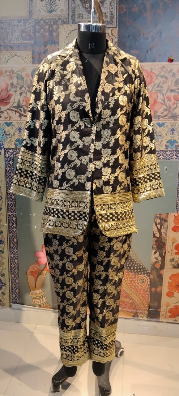 Black & Gold Brocade Blazer Co-ord Set – Festive & Party Wear Ensemble