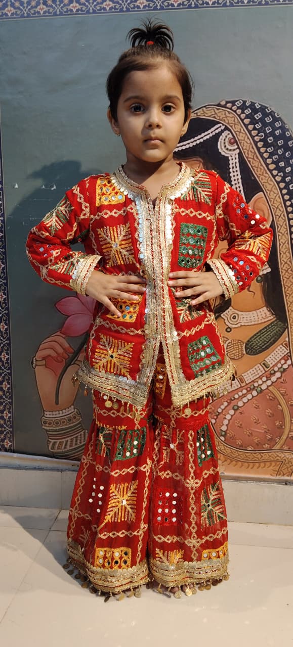 Festive Pink Phulkari Embroidered Kurta & Sharara Set for Girls