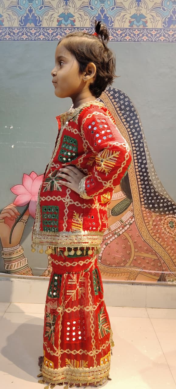 Festive Pink Phulkari Embroidered Kurta & Sharara Set for Girls