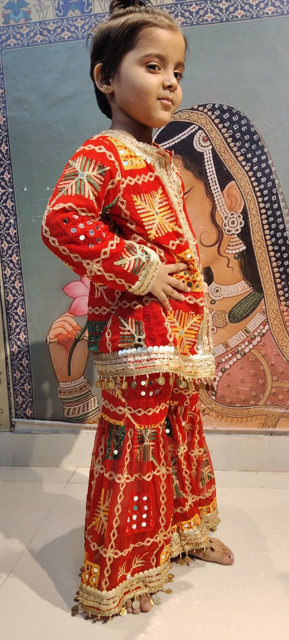 Festive Pink Phulkari Embroidered Kurta & Sharara Set for Girls