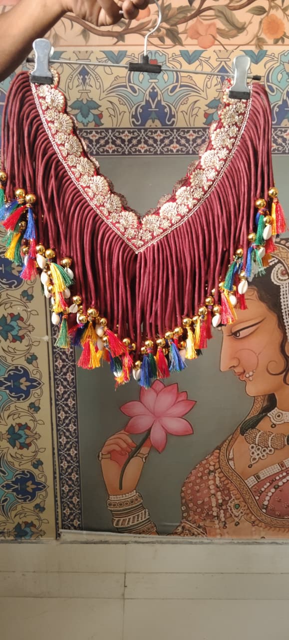 Handcrafted Maroon Blouse with Colorful Tassels & Coin Lace Detailing