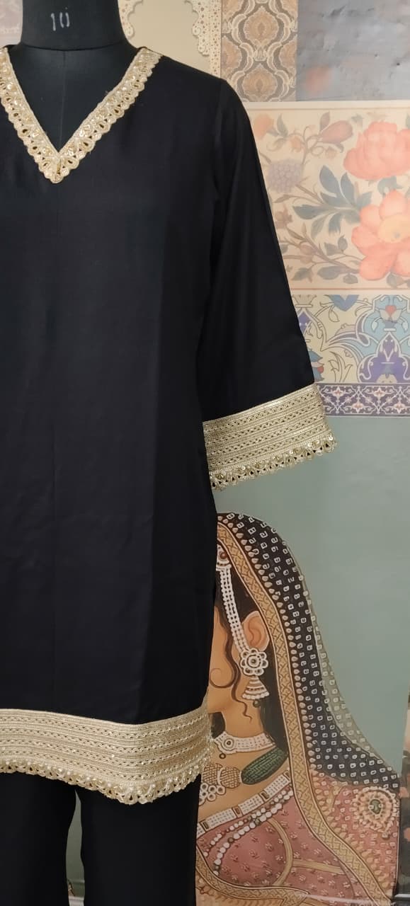 Black Kurta Set with Golden Lace Detailing