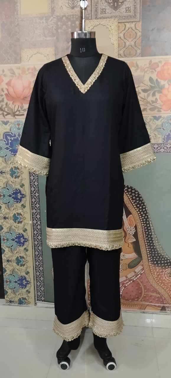 Black Kurta Set with Golden Lace Detailing