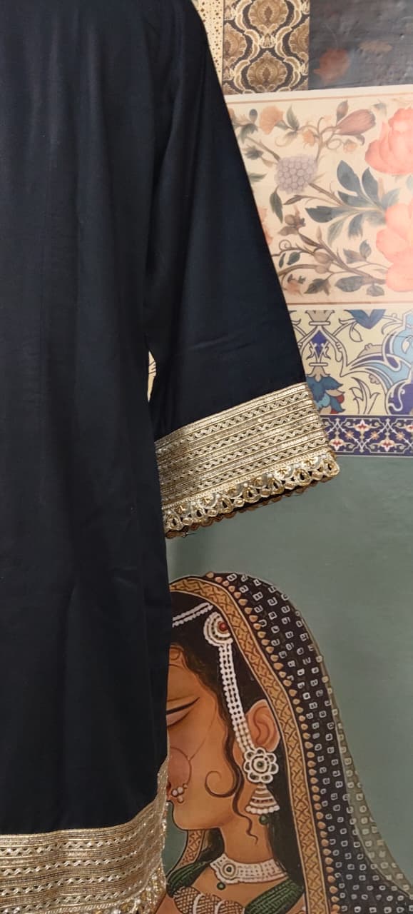 Black Kurta Set with Golden Lace Detailing