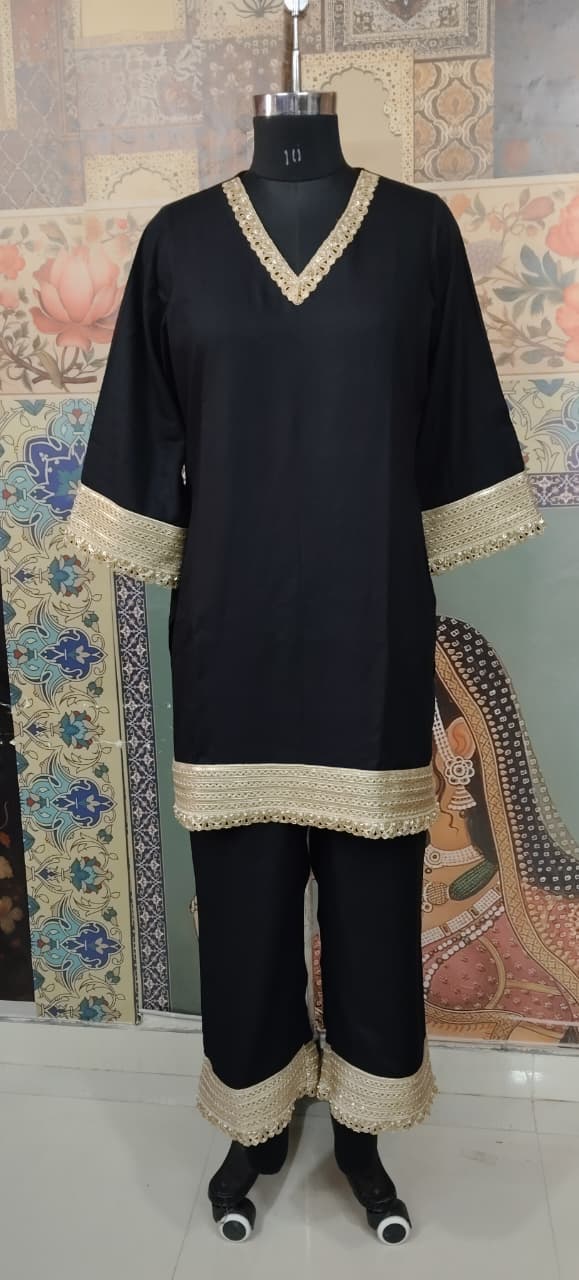 Black Kurta Set with Golden Lace Detailing